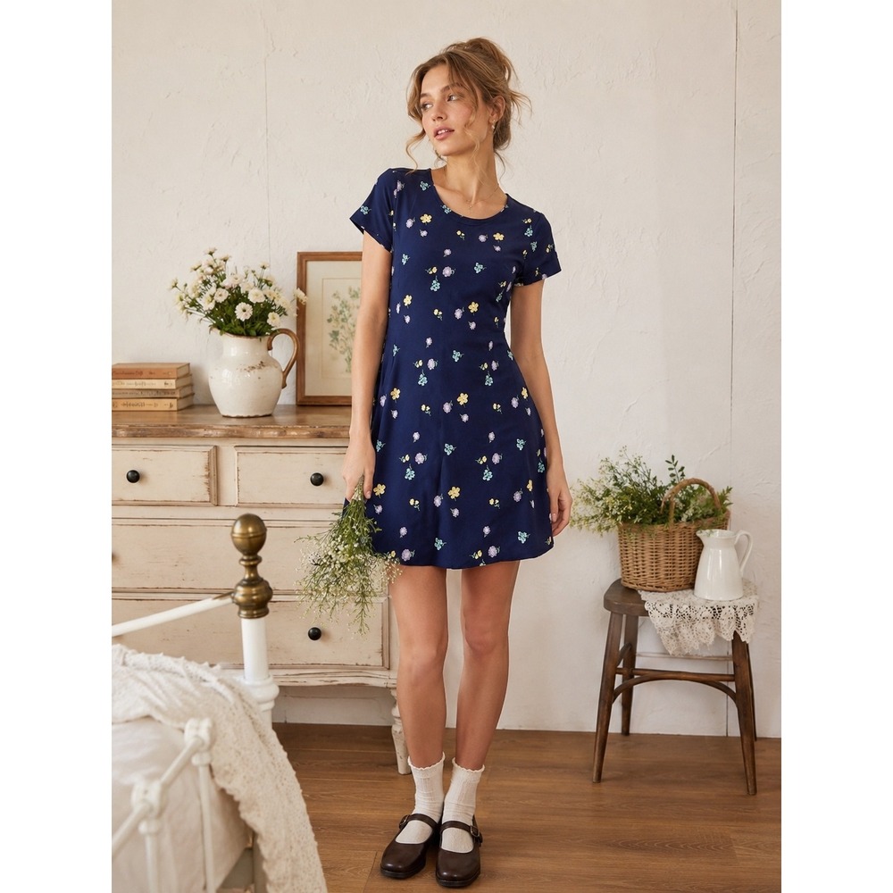 VINTAGE Laura Ashley Y2K‎ Floral Viscose Women's Dress, Sz 8 Navy Flirty Cottage